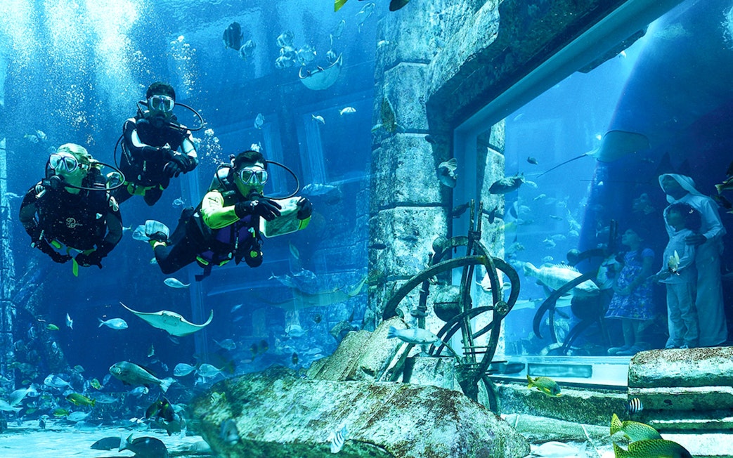 Scuba divers exploring underwater ruins at Atlantis with marine life.