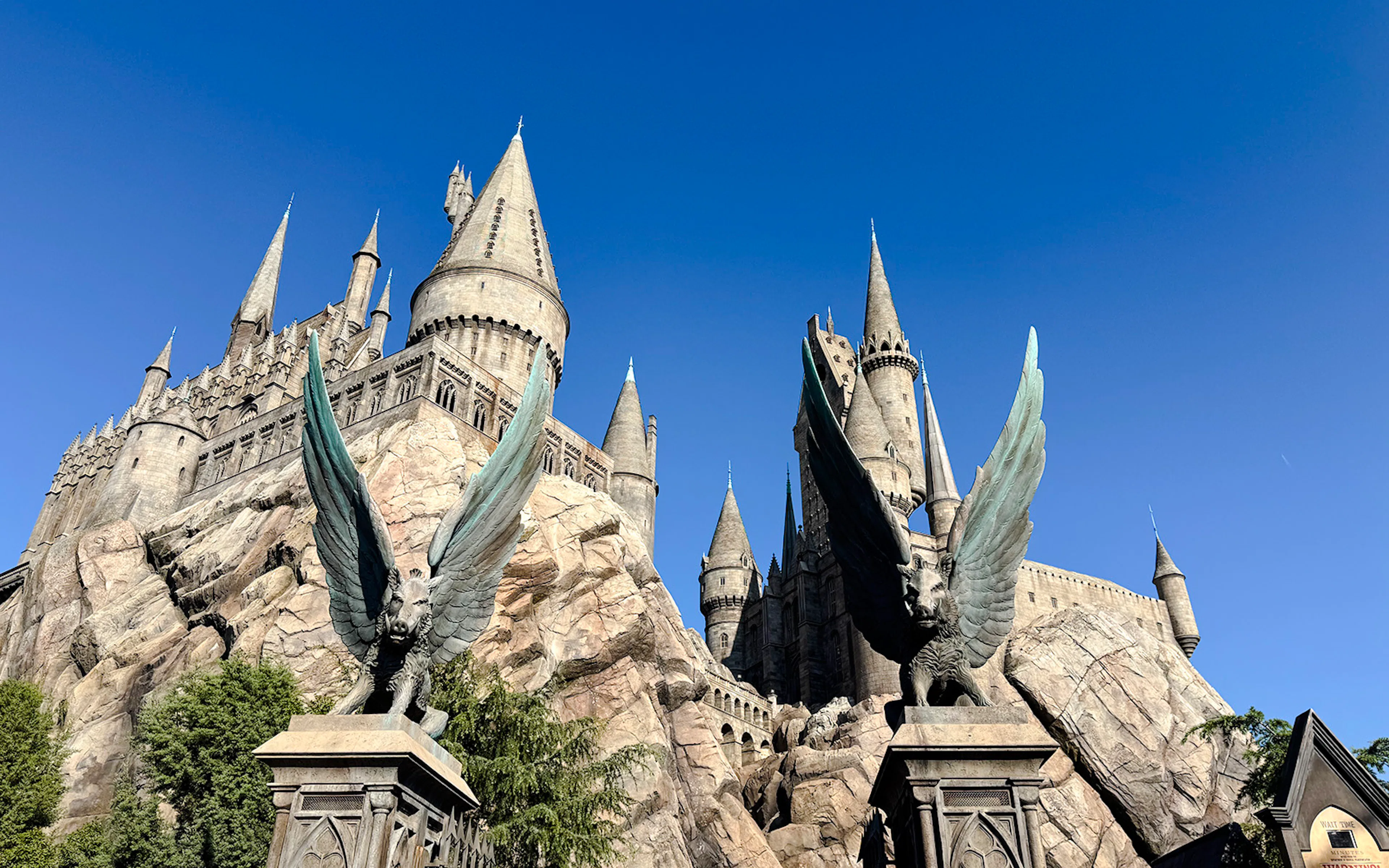 Hogwarts Castle at Universal Studios Hollywood with winged statues.