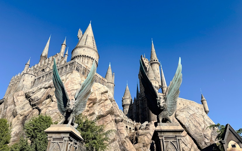 Hogwarts Castle at Universal Studios Hollywood with winged statues.
