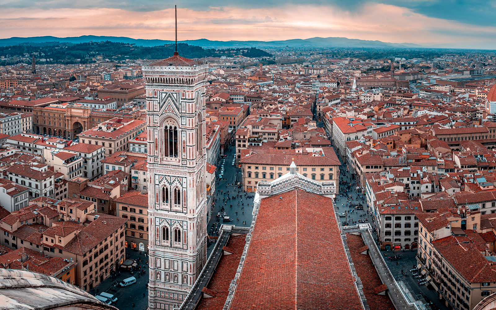 Panoramic view of Florence cityscape from Brunelleschi's Dome, featuring Giotto's Campanile.