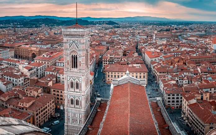 Panoramic view of Florence cityscape from Brunelleschi's Dome, featuring Giotto's Campanile.