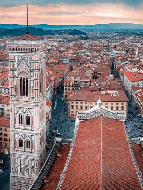 Panoramic view of Florence cityscape from Brunelleschi's Dome, featuring Giotto's Campanile.