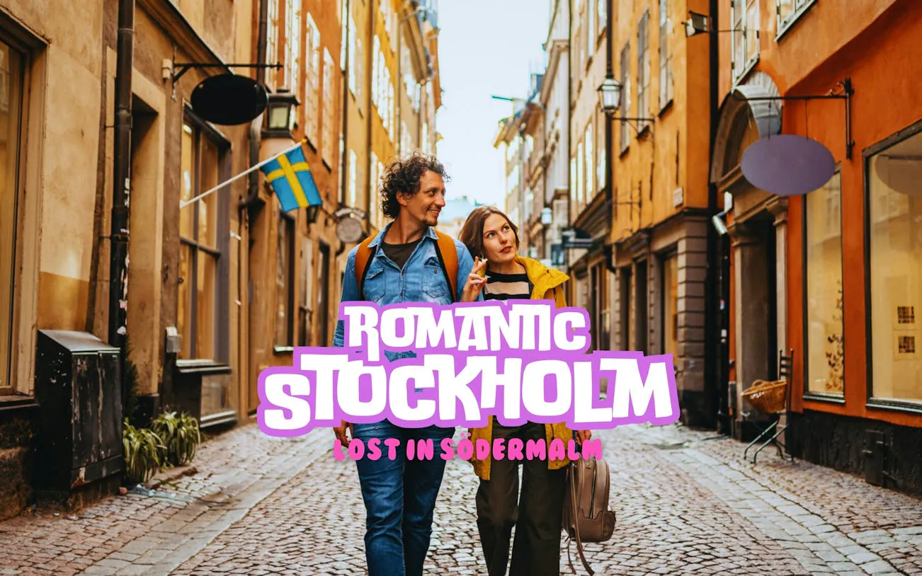 Couple walking in Södermalm, Stockholm, with Swedish flag and cobblestone street.
