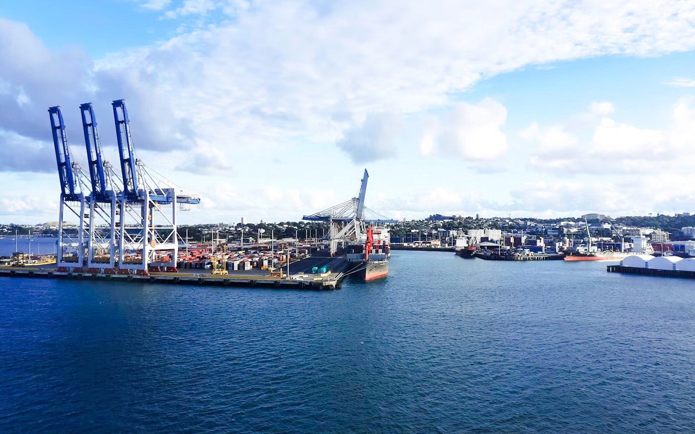 Auckland Harbour with cargo ships and cranes, view from scenic cruise.