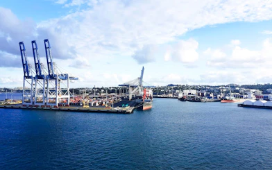 Auckland Harbour with cargo ships and cranes, view from scenic cruise.