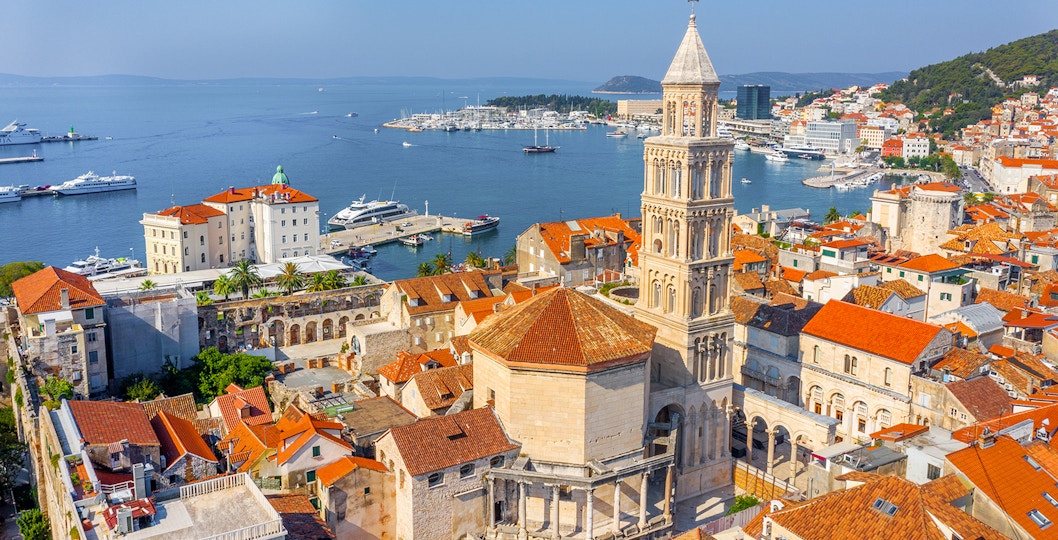 Aerial view of Split with the Belltower of Saint Domnius Cathedral, Croatia.