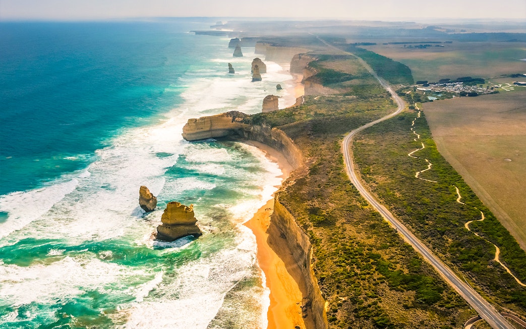 Aerial view of the Twelve Apostles along the Great Ocean Road near Cape Patton, Australia.