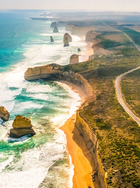Aerial view of the Twelve Apostles along the Great Ocean Road near Cape Patton, Australia.