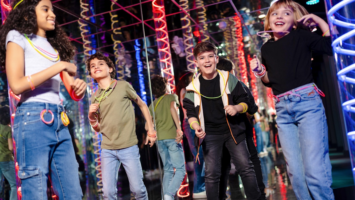 Children enjoying rides at American Dream Nickelodeon Universe, New Jersey.