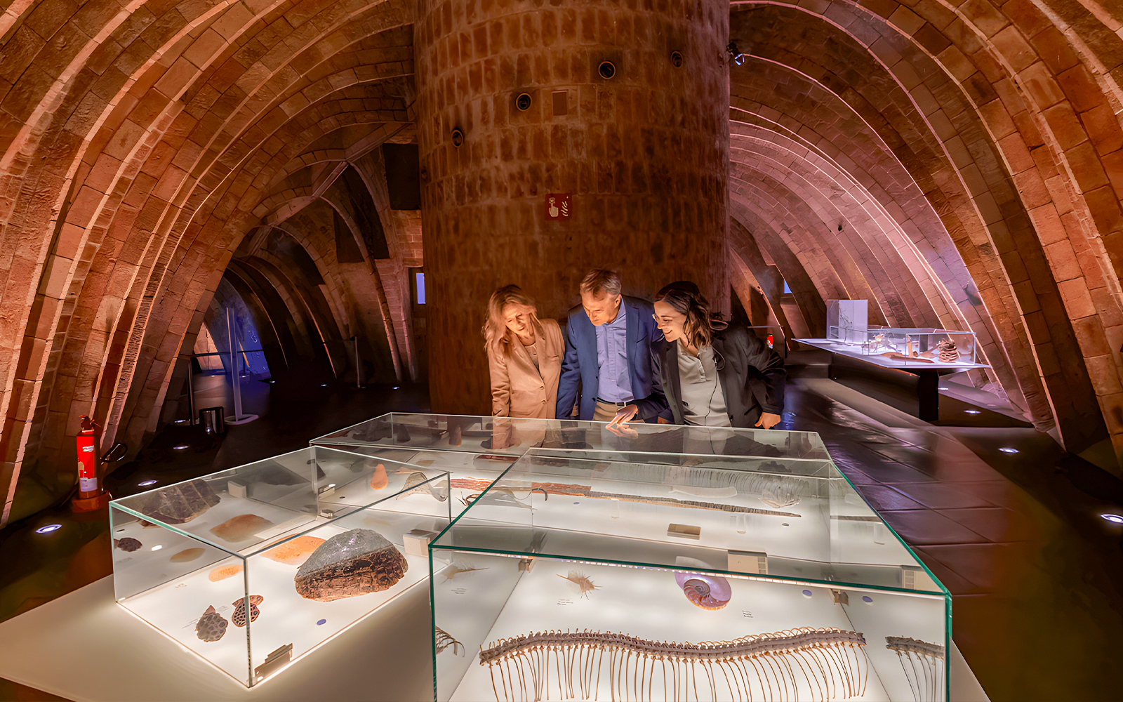 Visitors exploring exhibits in La Pedrera's Whale Attic, Barcelona.