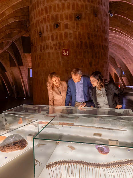 Visitors exploring exhibits in La Pedrera's Whale Attic, Barcelona.