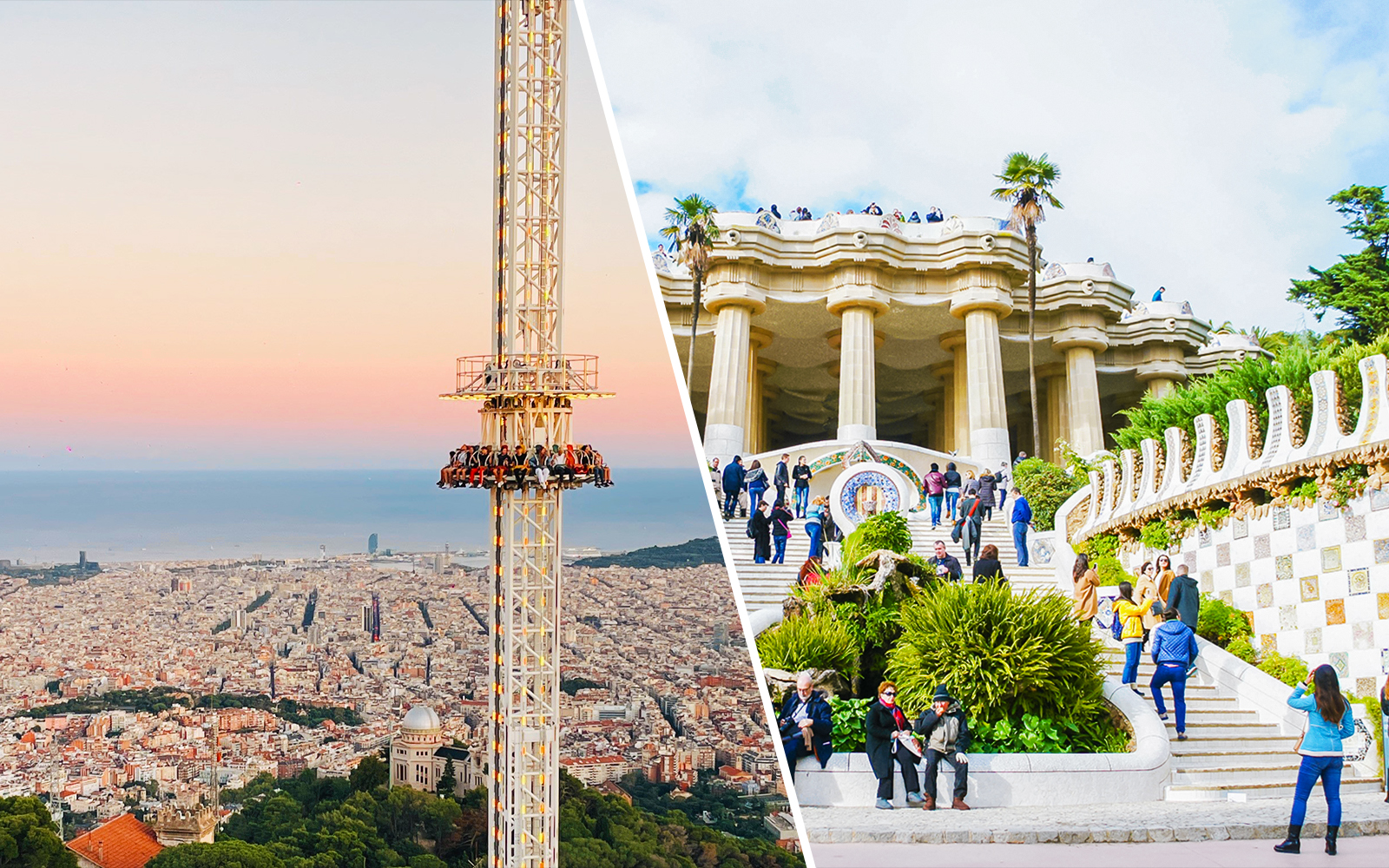 Tibidabo amusement park ride overlooking Barcelona and visitors at Park Güell entrance.
