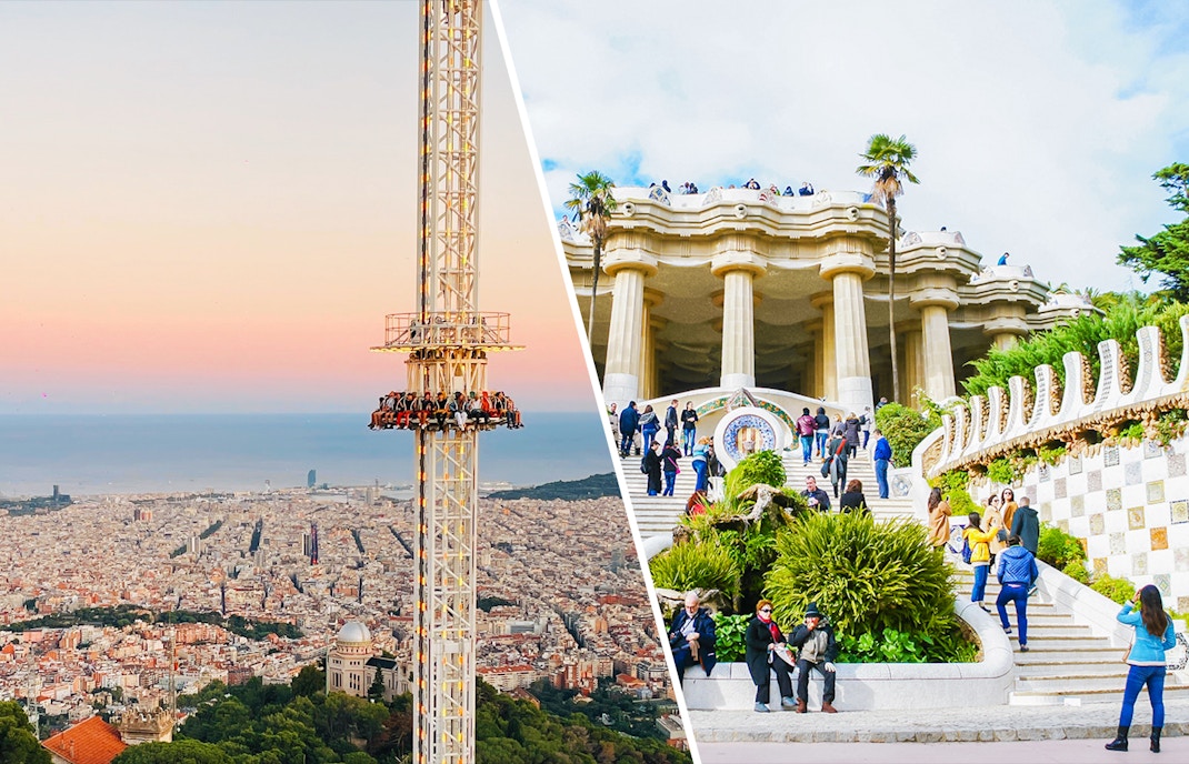 Tibidabo amusement park ride overlooking Barcelona and visitors at Park Güell entrance.