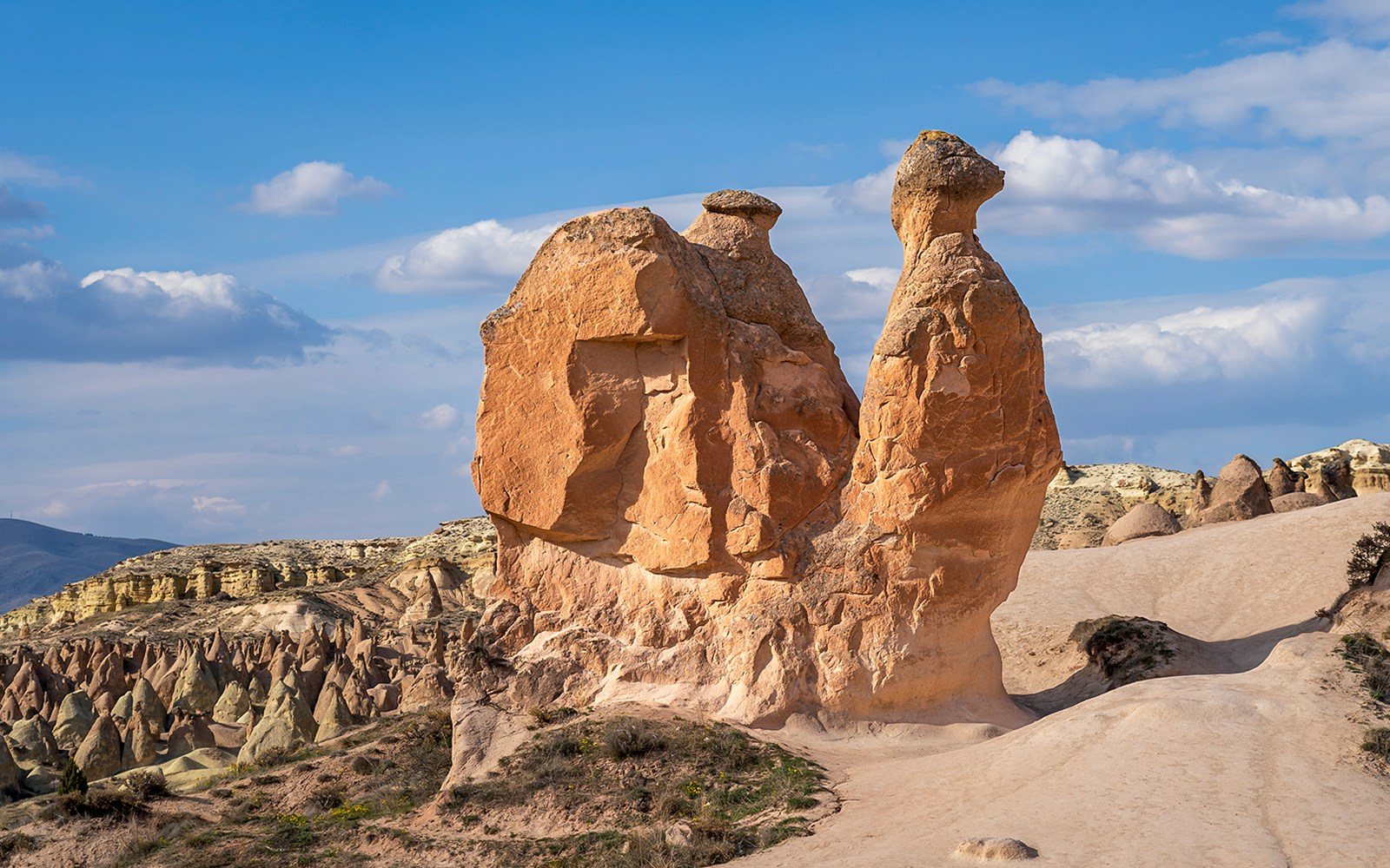Fairy chimneys and Camel Rock in Devrent Valley, Cappadocia under a blue sky.