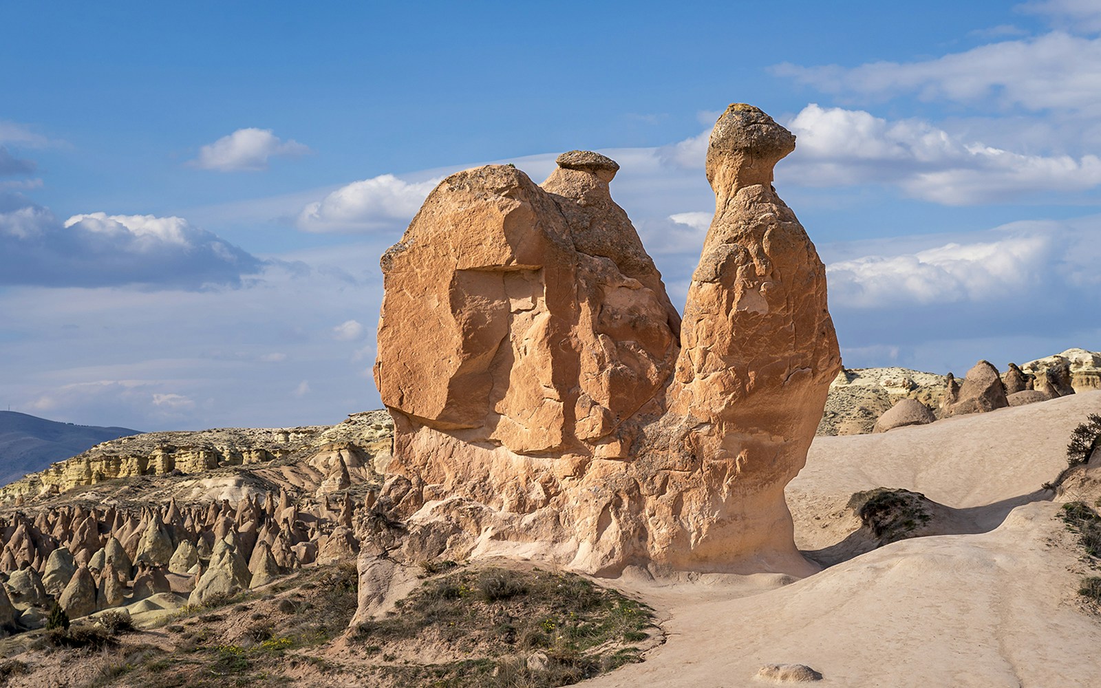 Fairy chimneys and Camel Rock in Devrent Valley, Cappadocia under a blue sky.