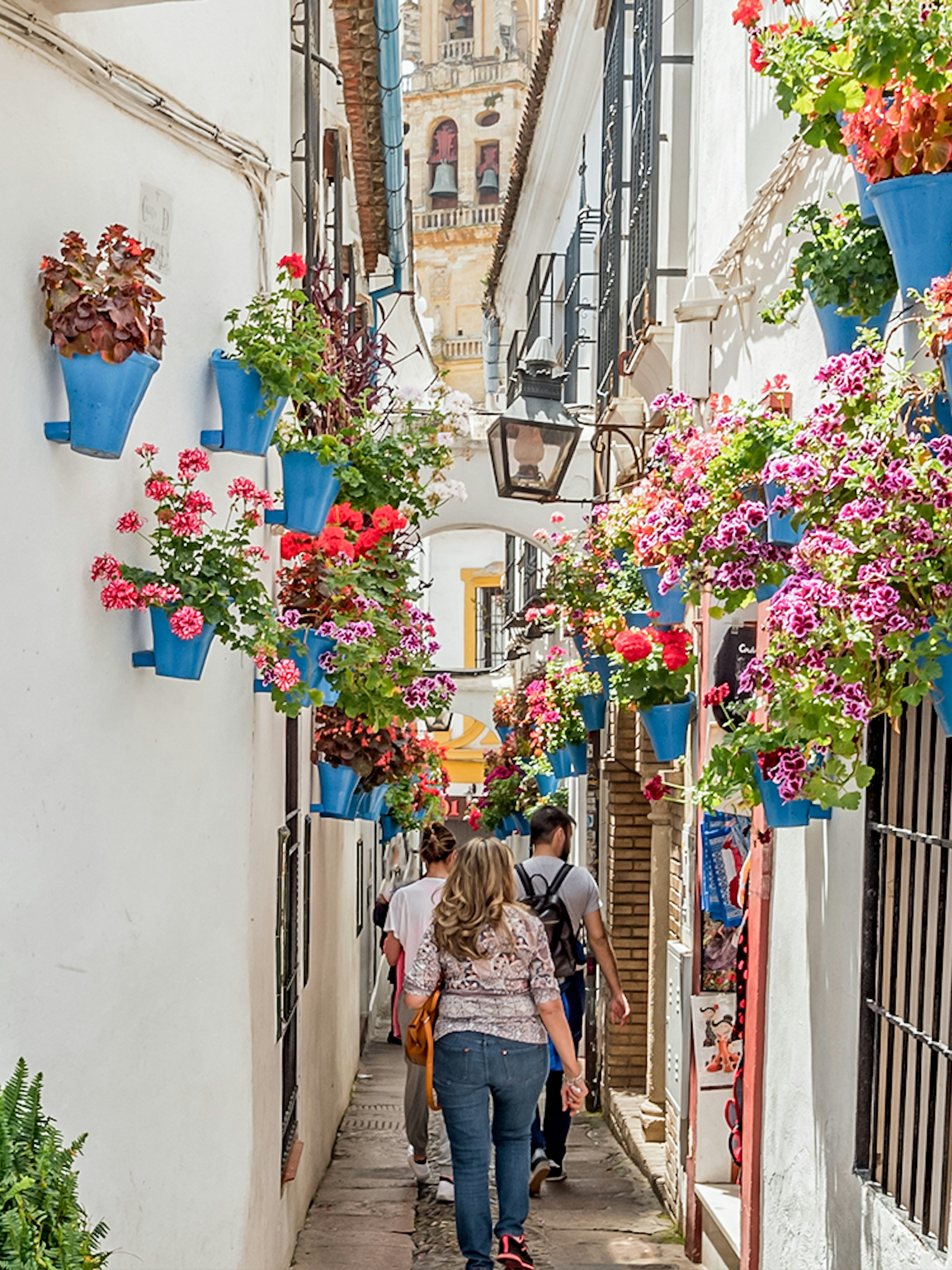 Narrow street in Cordoba's Jewish Quarter with colorful flowers and pottery on walls.