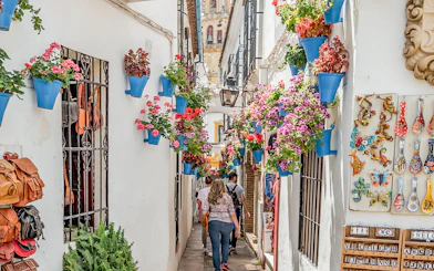 Narrow street in Cordoba's Jewish Quarter with colorful flowers and pottery on walls.