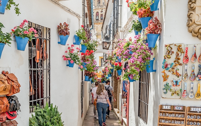 Narrow street in Cordoba's Jewish Quarter with colorful flowers and pottery on walls.