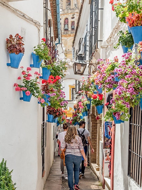 Narrow street in Cordoba's Jewish Quarter with colorful flowers and pottery on walls.