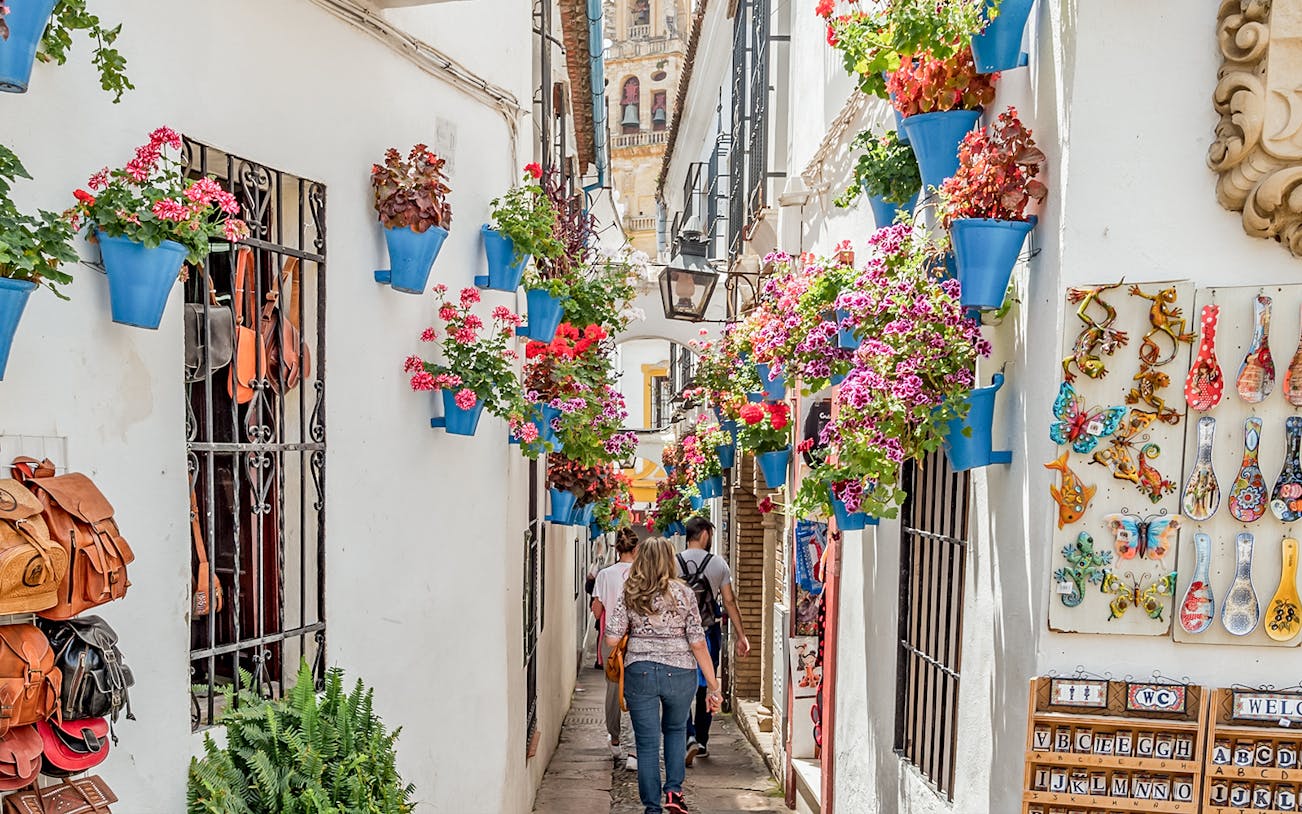 Narrow street in Cordoba's Jewish Quarter with colorful flowers and pottery on walls.