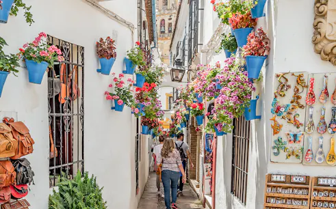 Narrow street in Cordoba's Jewish Quarter with colorful flowers and pottery on walls.