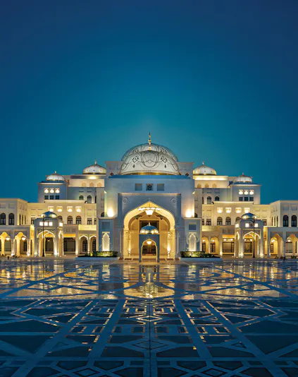 Qasr Al Watan palace illuminated at night, Abu Dhabi, UAE.