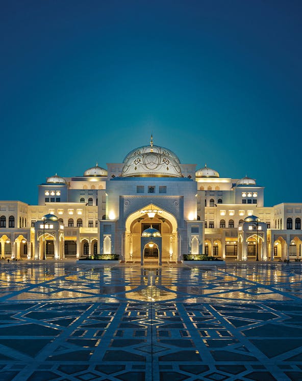 Qasr Al Watan palace illuminated at night, Abu Dhabi, UAE.
