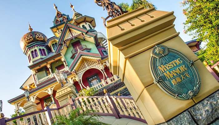 Mystic Manor entrance and architecture at Hong Kong Disneyland.