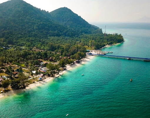 Drone view of tropical island, Pulau Besar in Malaysia