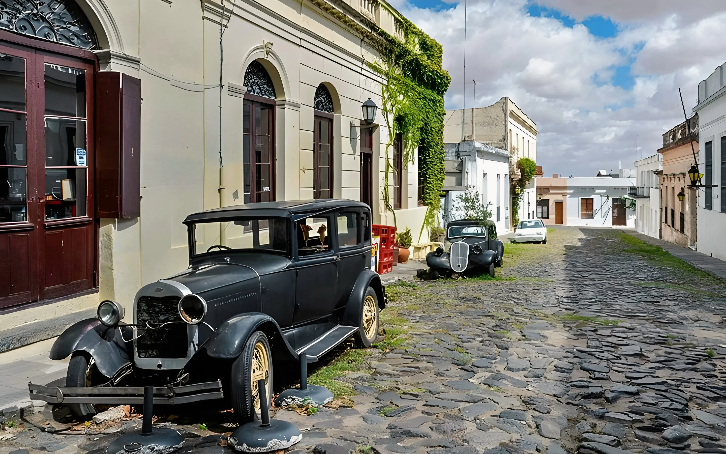 Classic vintage car on cobblestone street in historic Colonia del Sacramento, Uruguay.