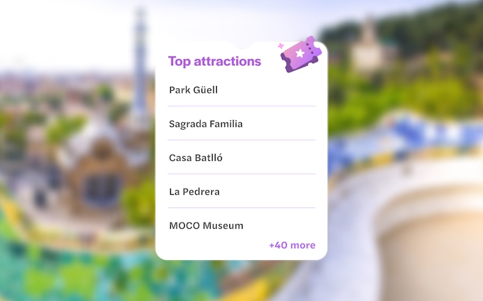Top attractions list with Park Güell, Sagrada Familia, and more in Barcelona.