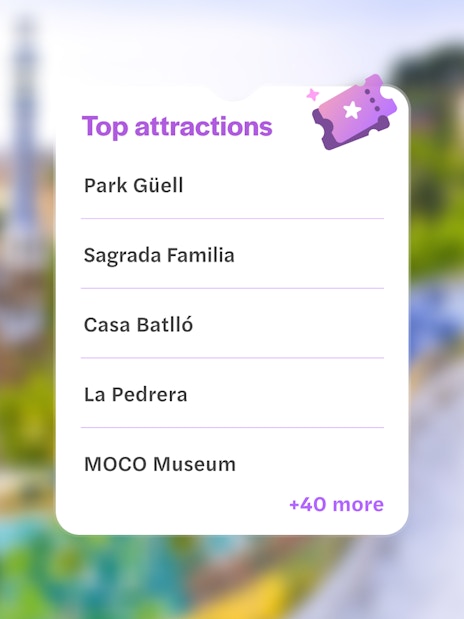 Top attractions list with Park Güell, Sagrada Familia, and more in Barcelona.