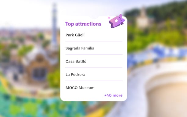 Top attractions list with Park Güell, Sagrada Familia, and more in Barcelona.