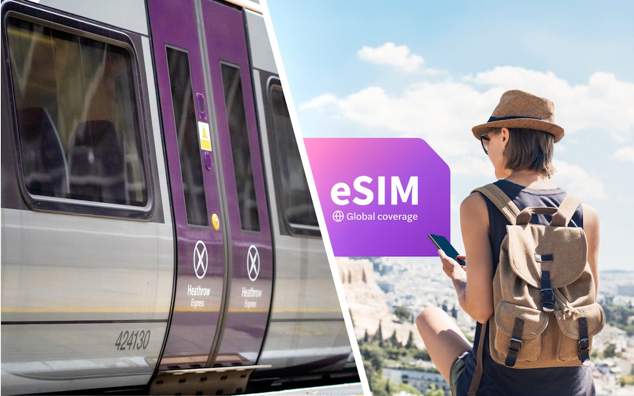 Heathrow Express train and traveler using eSIM for global data connectivity.