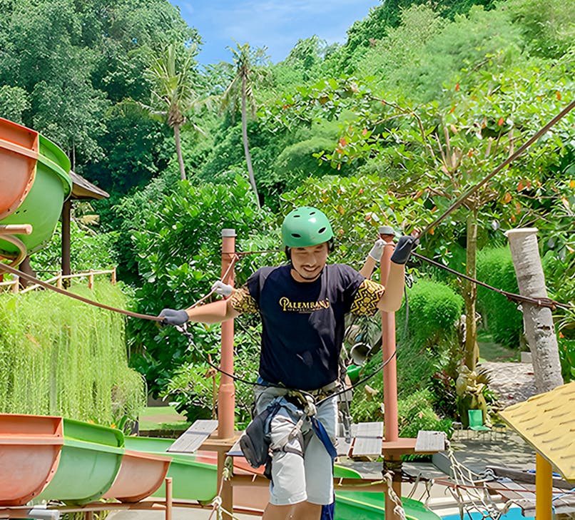 Keramas Park water slide with lush greenery in Bali, Indonesia.
