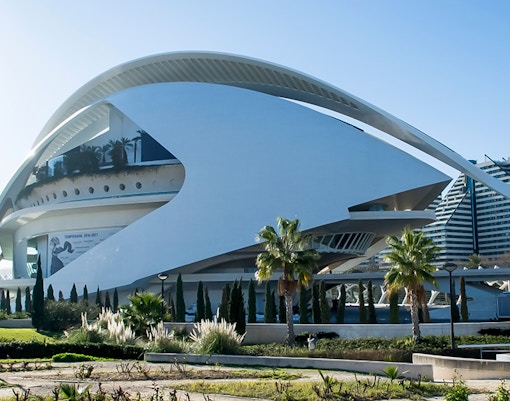 Valencia's Palau de les Arts Reina Sofia exterior on a guided tour.