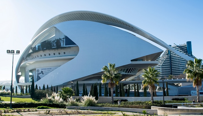 Valencia's Palau de les Arts Reina Sofia exterior on a guided tour.