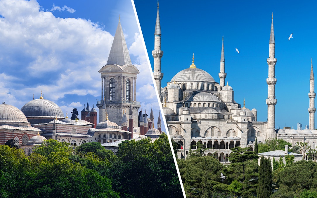 Blue Mosque and Topkapi Palace in Istanbul under clear skies.