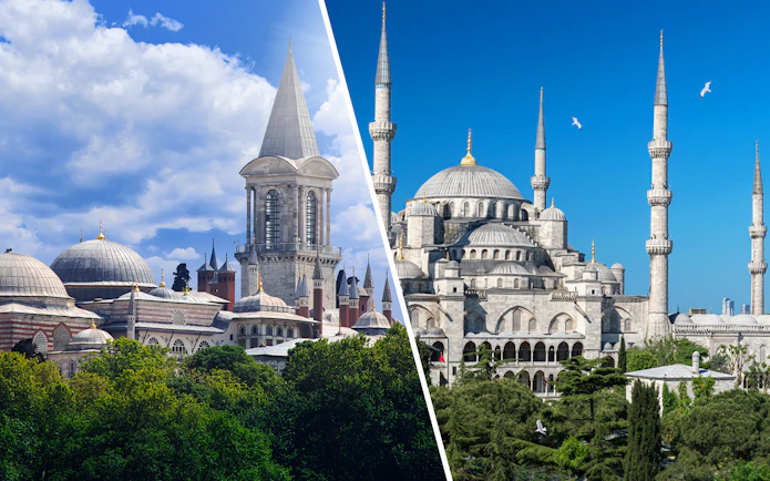 Blue Mosque and Topkapi Palace in Istanbul under clear skies.