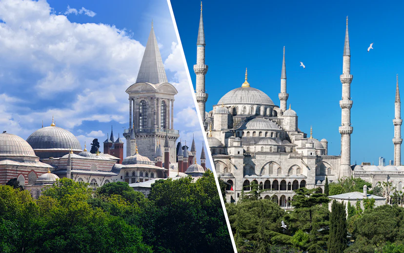 Blue Mosque and Topkapi Palace in Istanbul under clear skies.