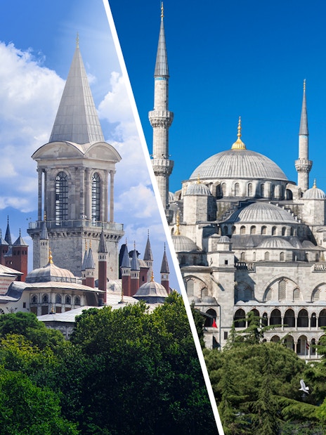 Blue Mosque and Topkapi Palace in Istanbul under clear skies.