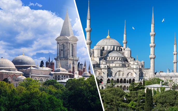 Blue Mosque and Topkapi Palace in Istanbul under clear skies.