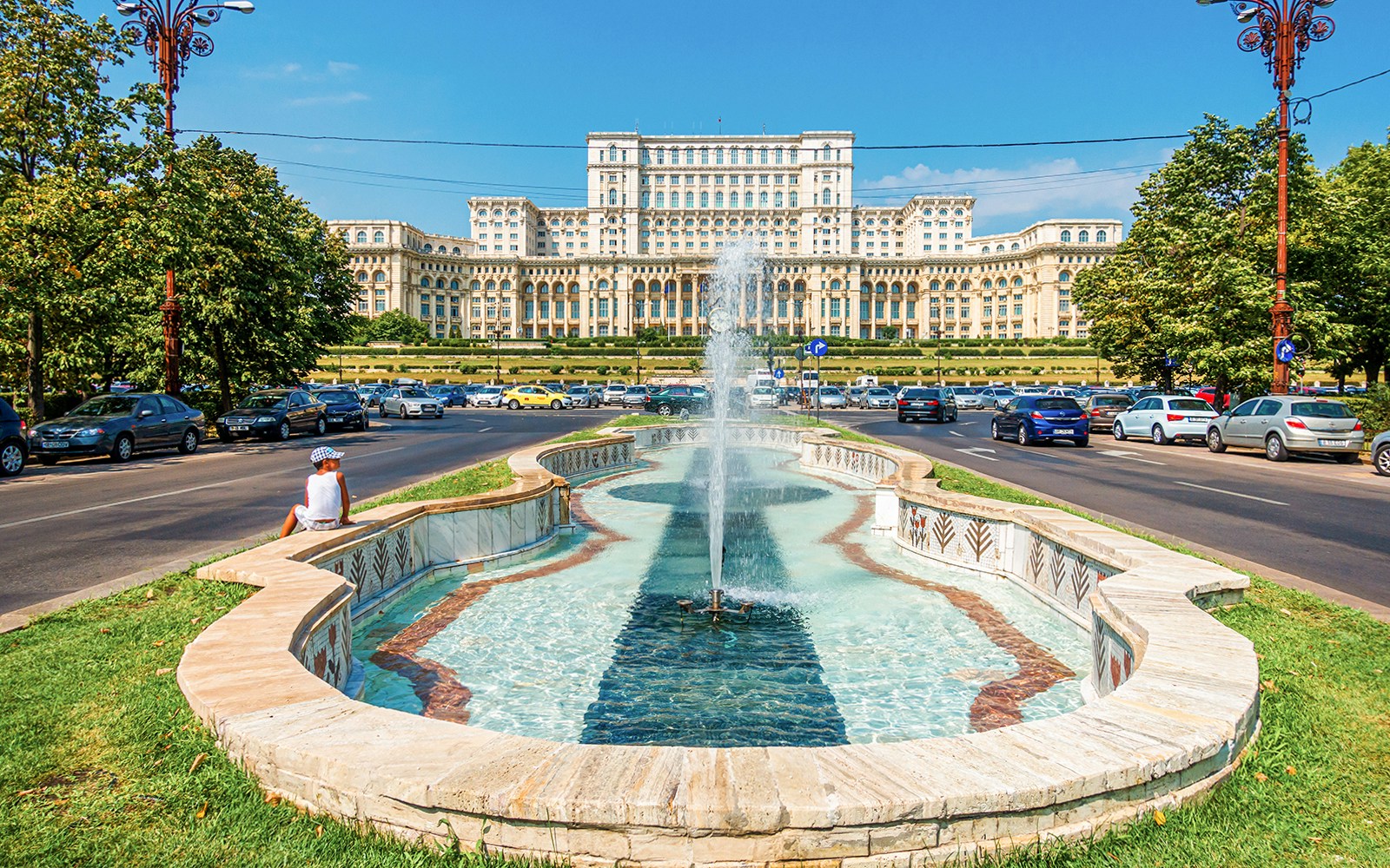 Fountain in front of Bucharest Palace of the Parliament, Romania.
