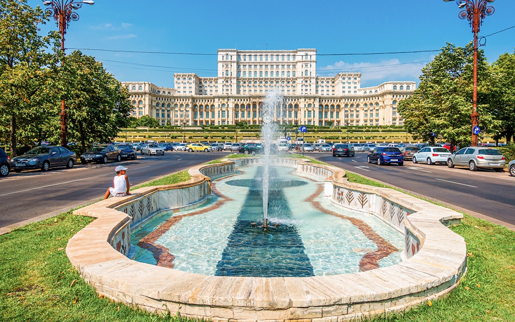 Fountain in front of Bucharest Palace of the Parliament, Romania.