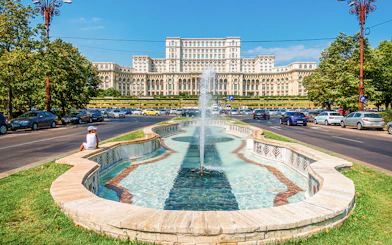 Fountain in front of Bucharest Palace of the Parliament, Romania.