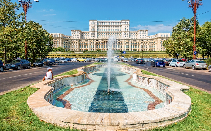 Fountain in front of Bucharest Palace of the Parliament, Romania.