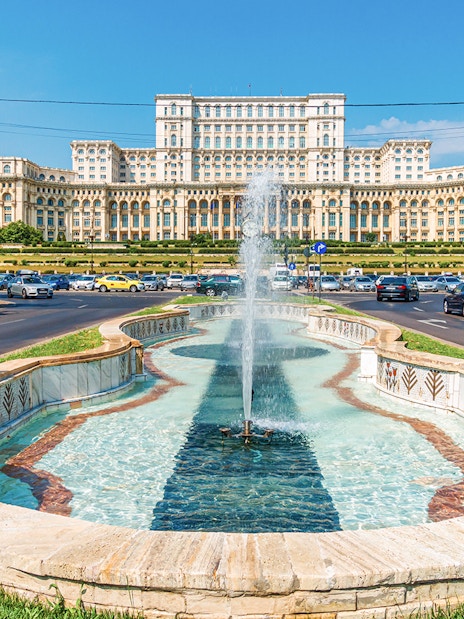 Fountain in front of Bucharest Palace of the Parliament, Romania.