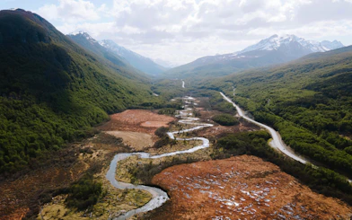 Olivia River winding through Carbajal Valley from Paso Garibaldi viewpoint near Ushuaia, Argentina.