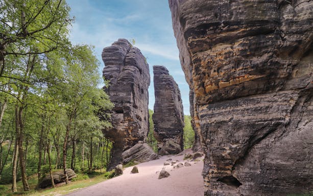 Bastei Bridge rock formations and forest path, Saxon Switzerland, Germany.