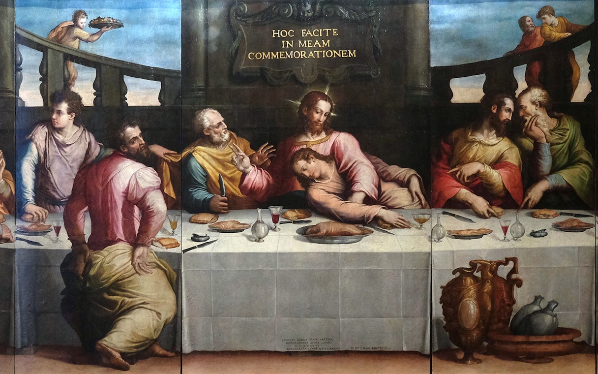 Painting of The Last Supper at Santa Croce Basilica, Florence, depicting Jesus and disciples.